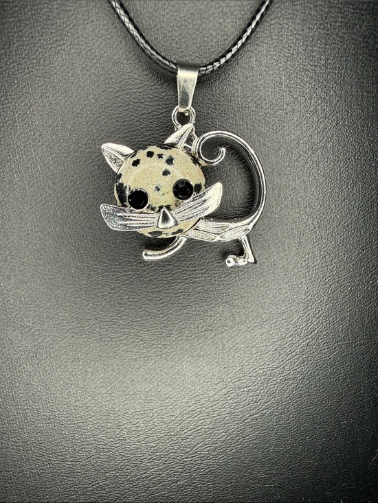The Unbranded Brand Jewelry - Silver Tone Cat Pendant w/ Dalmatian Jasper Stone w/ Black Necklace NEW